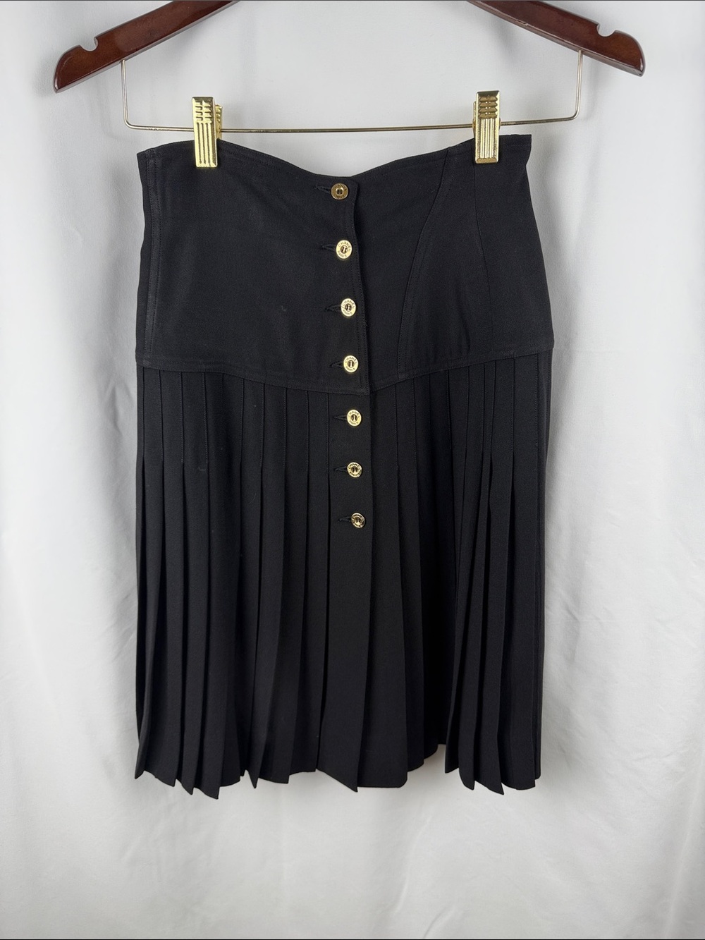 CHANEL Black Pleated Midi Skirt with Gold Buttons